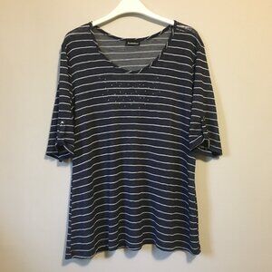 Canadian Rhinestone Collar Half Sleeve Distressed Rayon Striped Top